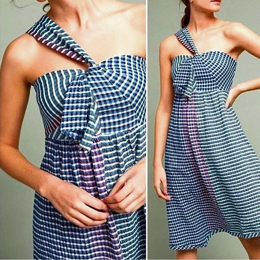 Anthropologie Maeve Waverly Plaid Gingham One Shoulder Midi Dress 4 blue green